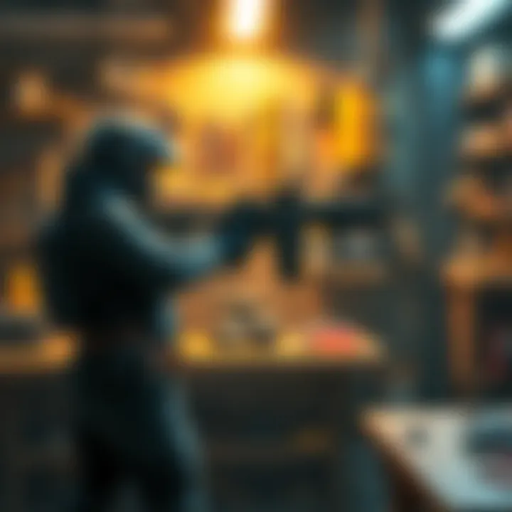 A video game character stands in front of a workbench, enhancing their weapon with new parts and tools.