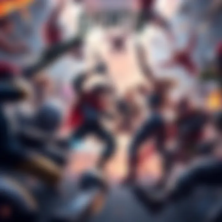 A diverse group of game characters battling in an arena, showing a mix of new and familiar heroes in a chaotic match.