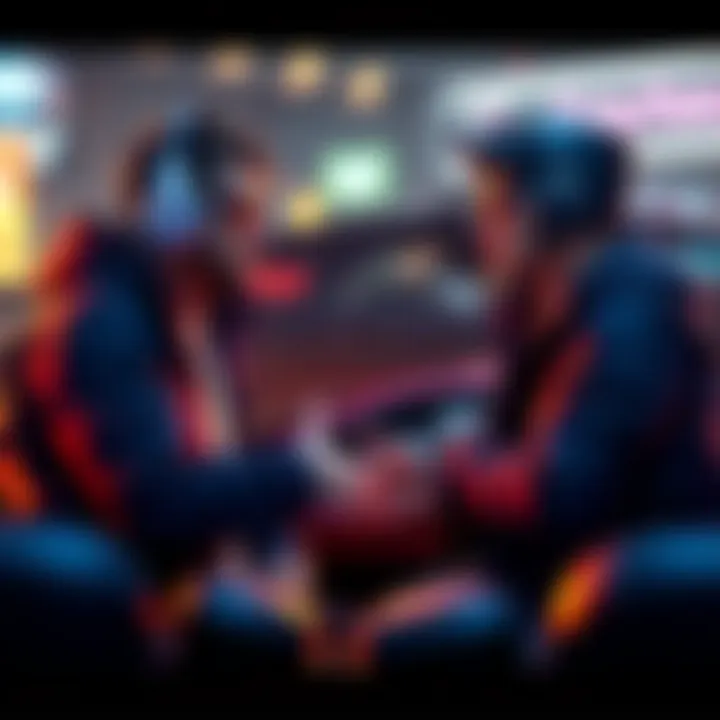 Two game characters discussing details about cars during a conversation in a game environment