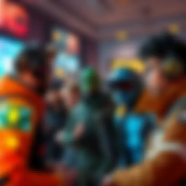 A group of diverse game characters talking about microtransactions versus quality content in a virtual setting