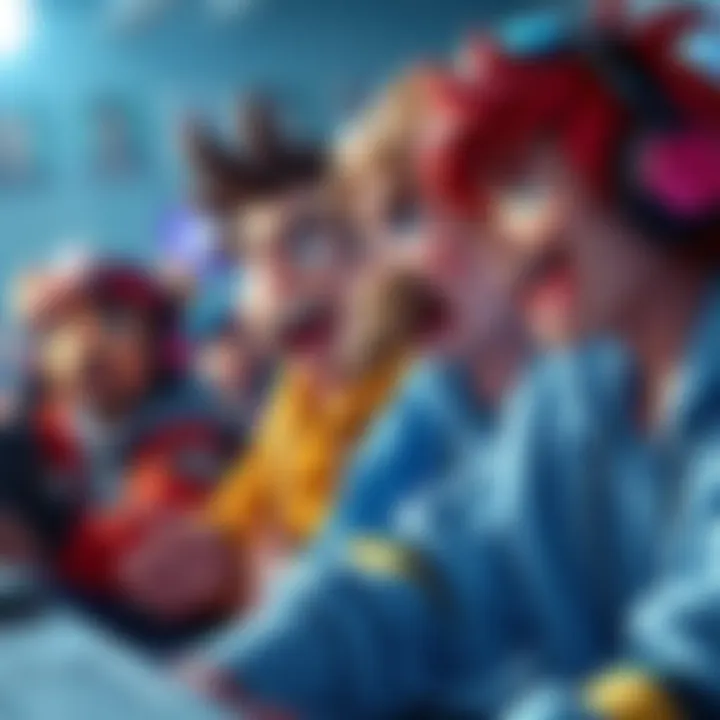 Game characters using emotes Colorful game characters showing various emotes like surprise and frustration during a match