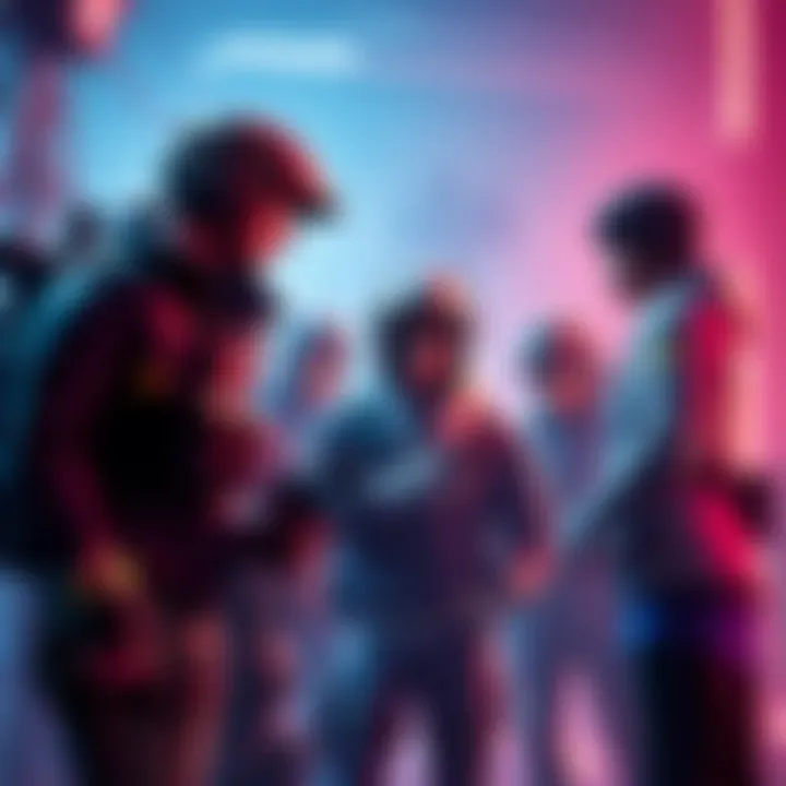 Game characters discussing modes Group of game characters talking about reload mode and Battle Royale