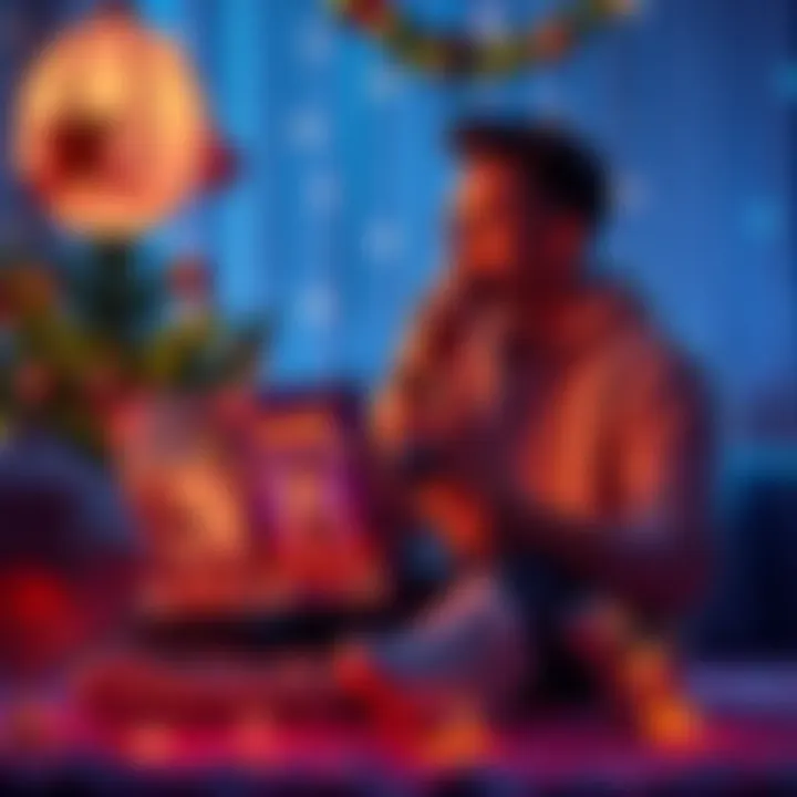 A person sitting with two game boxes, looking thoughtful about which game to buy for their birthday, surrounded by festive decorations.