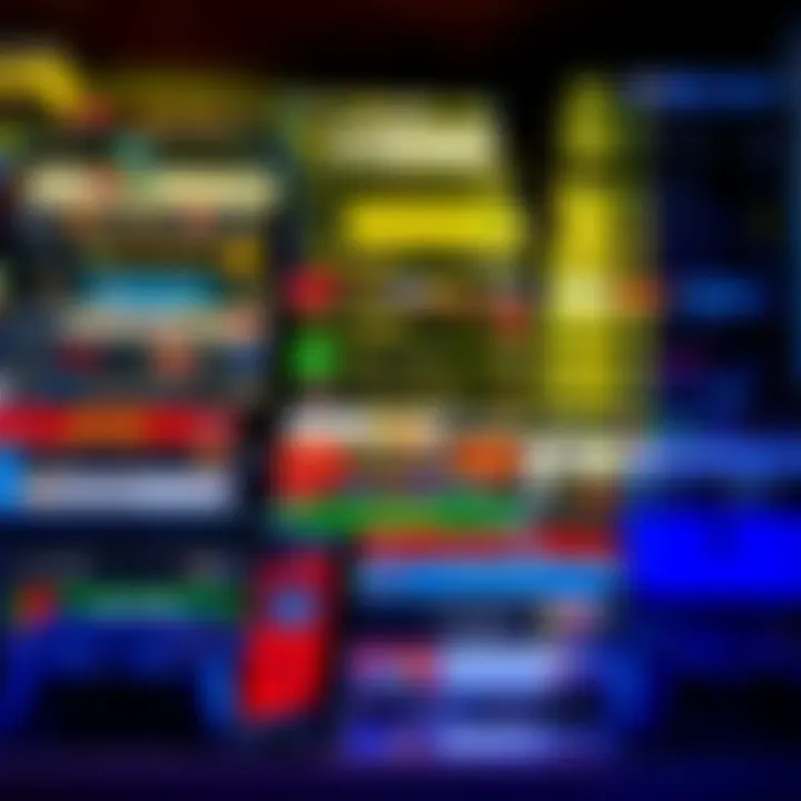 A display of video games stacked on a shelf, showcasing titles from Origins to Remake, with a few gaming controllers beside them.