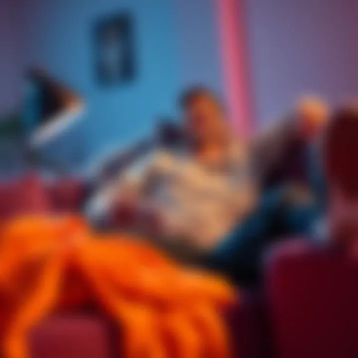 Game collection stress relief A gamer relaxing on a couch with a PS5 and Switch nearby, surrounded by various game titles, looking content while holding a controller