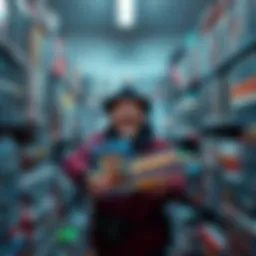A person looking excited while holding game boxes surrounded by a variety of video games on shelves