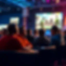 A group of game commentators discussing gameplay strategies while seated at a gaming event, with screens showing game footage in the background.