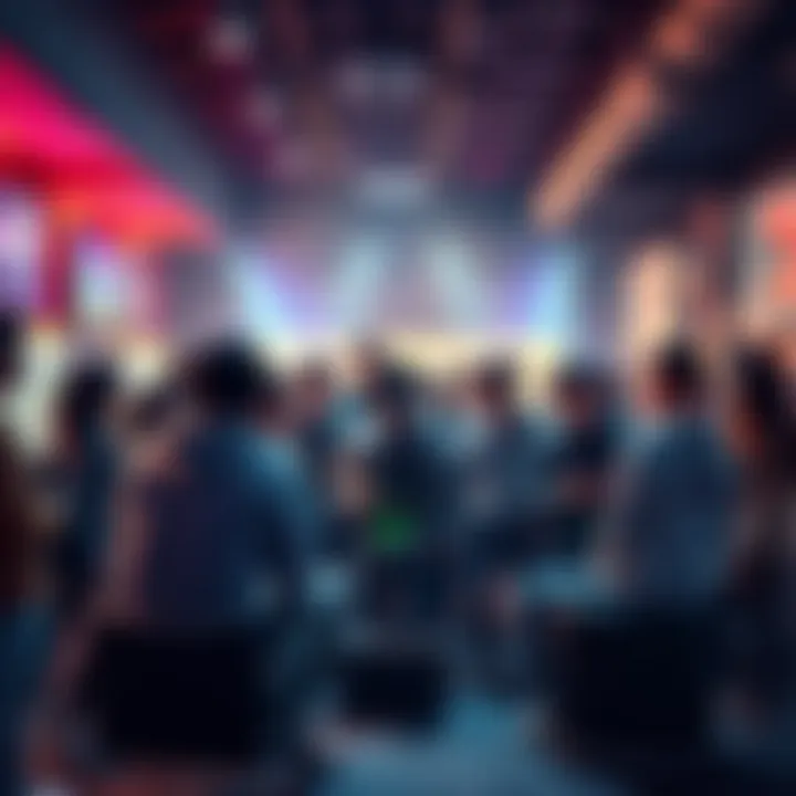 A group of gamers discussing their experiences with a video game in a vibrant setting.