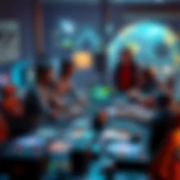 A group of game developers discussing strategies over a table filled with game designs and technology.
