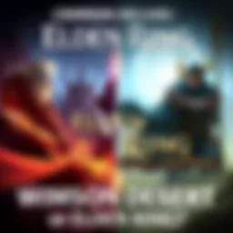 A split image showing key visuals from Crimson Desert Deluxe and Elden Ring: Shadow of the Erdtree, highlighting their unique art styles and characters.