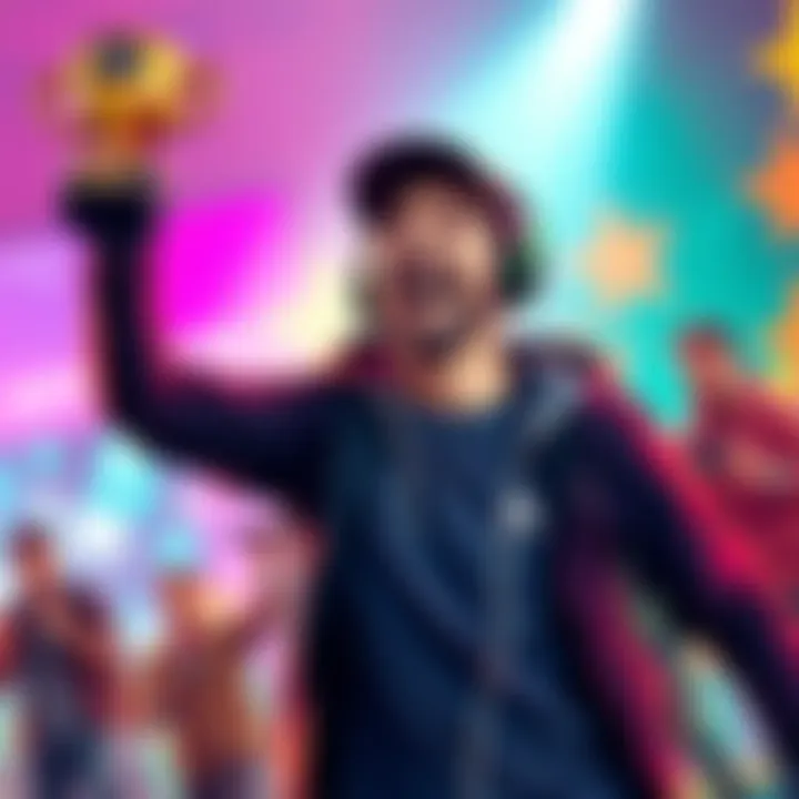 A gamer celebrating a successful 100% completion of a video game, showing excitement with a trophy in hand.
