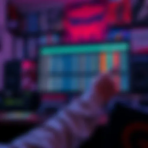 A person analyzing game titles and completion times on a computer screen while surrounded by game boxes