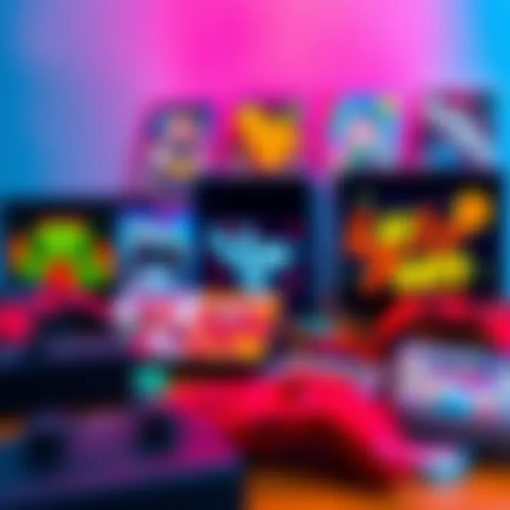 A vibrant scene with game consoles and colorful game covers, symbolizing fun and distraction after a breakup