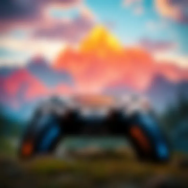 Game Controller and Adventure Scene A video game controller set against a colorful adventure landscape with mountains and trees, symbolizing solo gaming experiences.