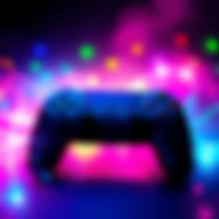 Game Controller and Atmosphere A vibrant game controller surrounded by colorful light effects, symbolizing different game vibes.