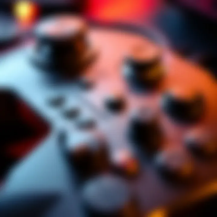 Close-up of a complex game controller showing numerous buttons and features