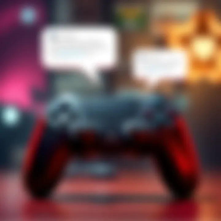 A game controller with chat bubbles representing community feedback about the game's updates and improvements.