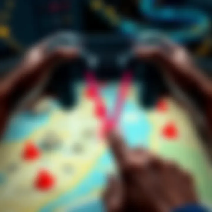 Controller vibrating over game map A game map showing red spots where hidden items can be found. A controller is vibrating in hand, indicating item locations.