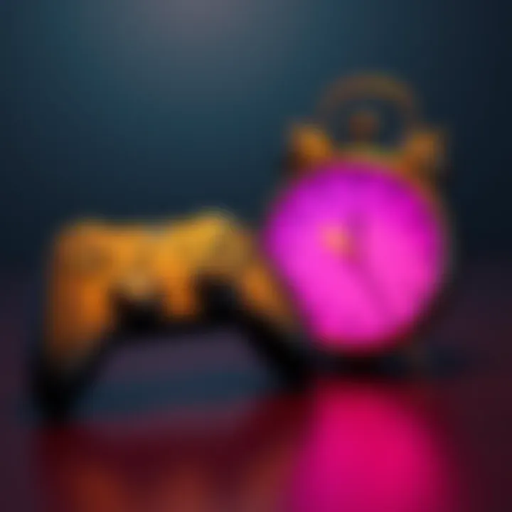 A game controller next to a clock, symbolizing a shift from long gaming sessions to shorter playtimes.