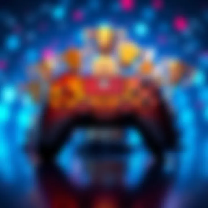 A game controller surrounded by shiny trophies representing success in gaming, signifying platinum hunting.