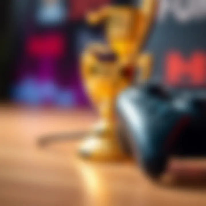 A close-up of a game controller next to a trophy, symbolizing achievements in gaming.