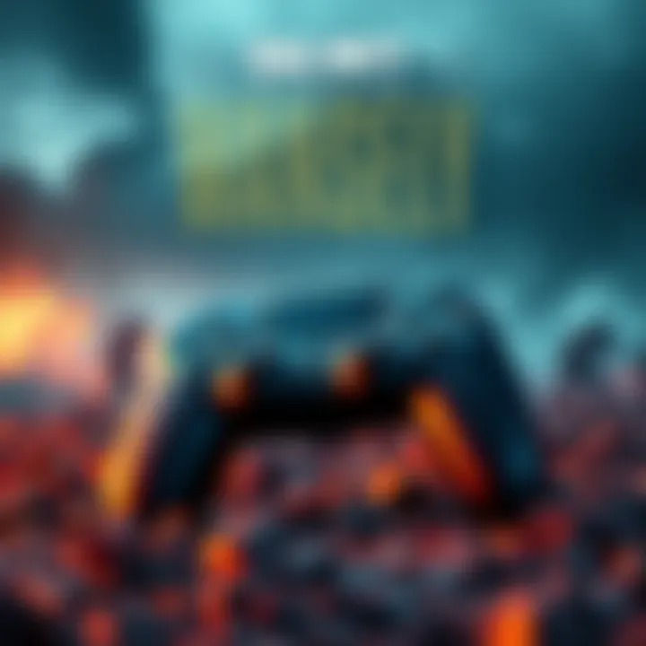 A game controller on a battlefield backdrop, symbolizing first-person shooter games