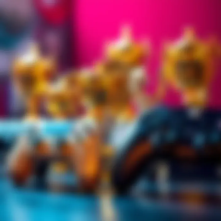 A collection of game controllers with platinum trophies in the background, symbolizing gaming achievement and trophy hunting.