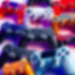 A collage of various game controllers including the PS4 controller, showcasing their designs and colors.