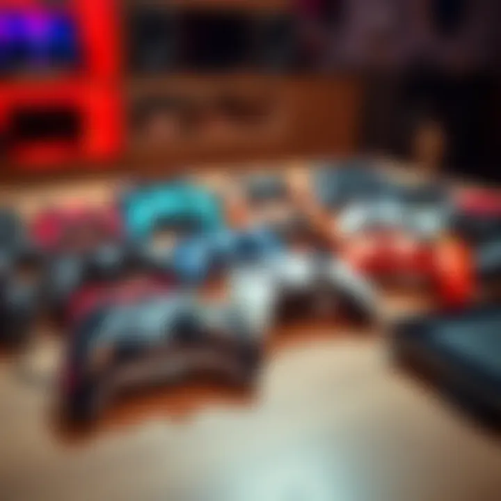 Different types of game controllers displayed on a table, showcasing various designs and features