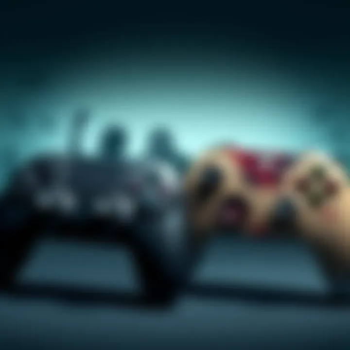 Two different game controllers next to artwork of zombies and characters representing The Walking Dead and The Last of Us