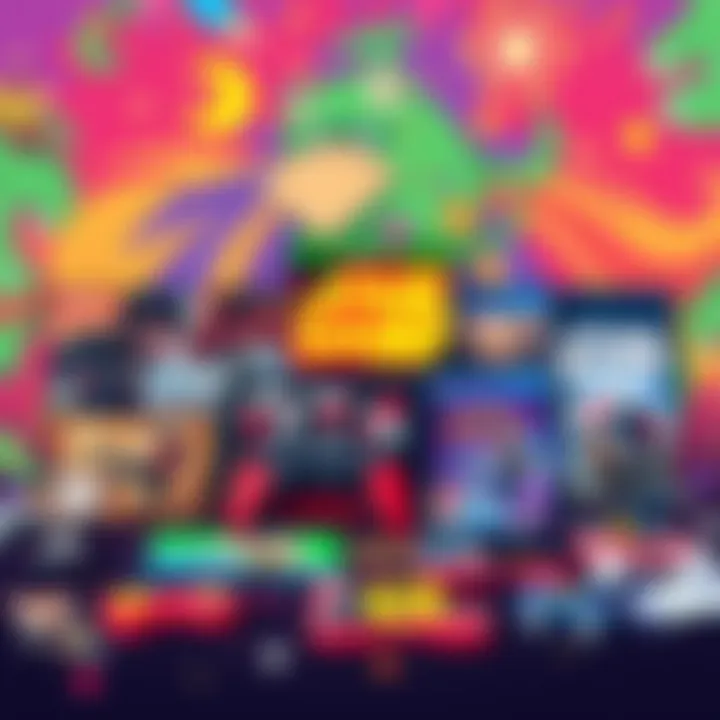 A collection of vibrant game covers representing various genres like action, adventure, and role-playing, displayed on a colorful background.