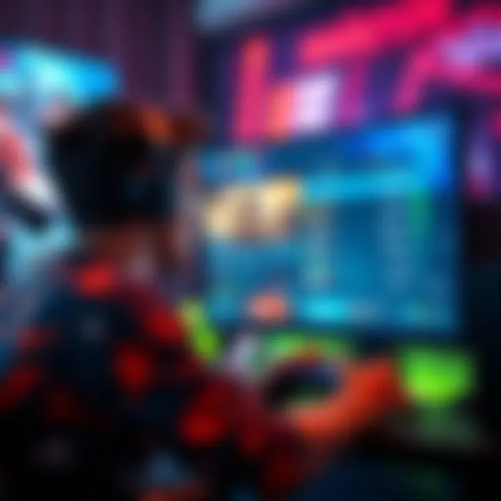 Game demo evaluation A gamer reviewing a game demo on a computer screen, showing gameplay footage and rating system.