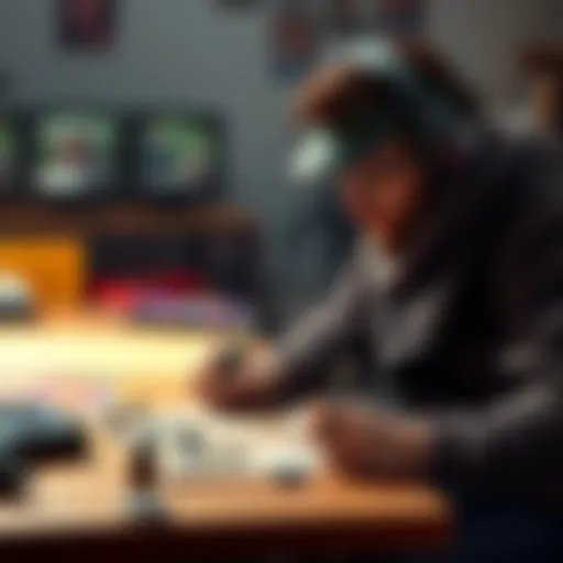 A game designer sketches ideas for a fantasy-themed board game featuring a modified Mindflayer character.