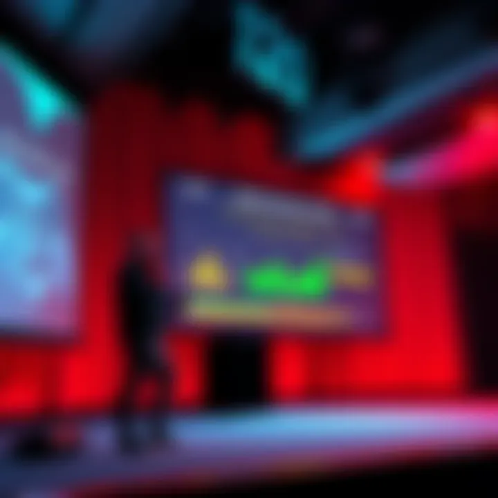 Game developer discussing 120fps cap Developer presenting on a stage about the 120fps hardcap in gaming, with a projector displaying statistics and graphics