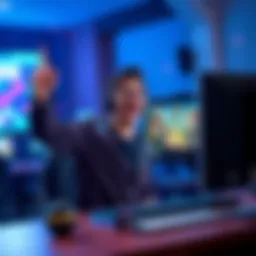 A game developer joyfully shows off their Virtual Tabletop engine with a computer screen displaying the game, celebrating their invitation to Steam's Board Game Festival.