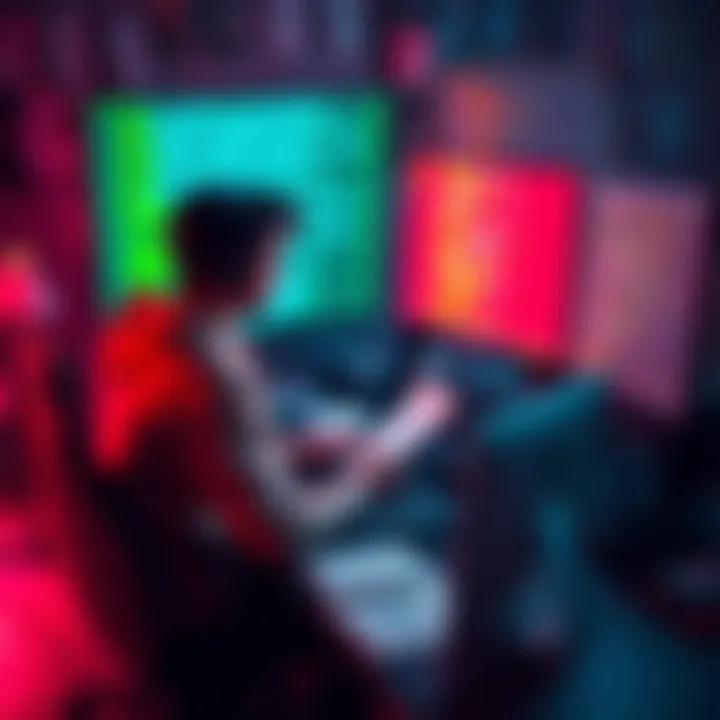 A game developer sits at a desk, staring at a computer screen filled with code while brainstorming ideas. Papers and sketches are scattered around, showing the creative process.