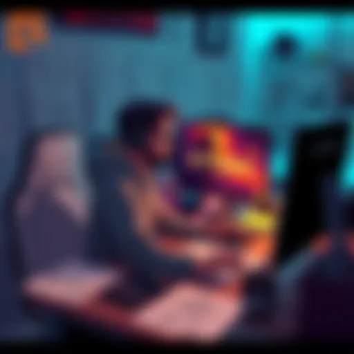 A game developer sits at a desk with a computer, focused on creating a Titanfall-inspired roguelite game called GTTOD, surrounded by sketches and notes about the game.