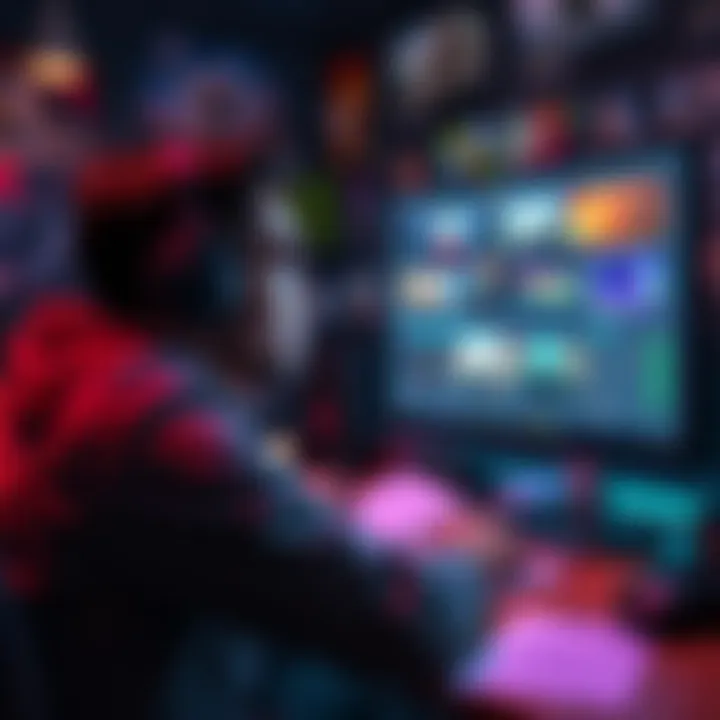 A game developer looks thoughtfully at a computer screen filled with images and data about immersive sim games, surrounded by gaming posters and notes.