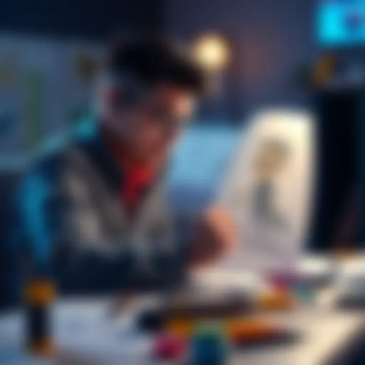 A game developer drawing a humorous and quirky enemy character, surrounded by sketches and design tools.