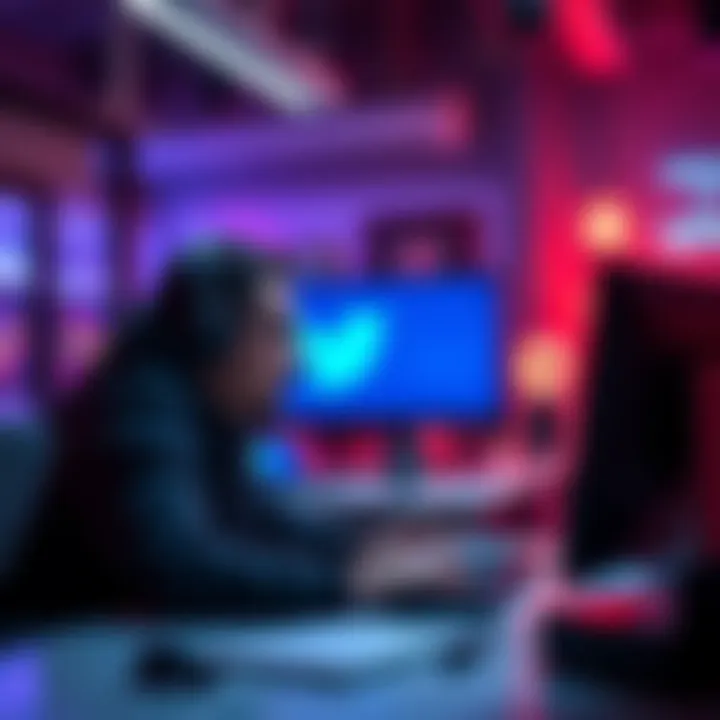 A game developer in an office setting looking at a computer with a Twitter logo, curious expression on their face as they consider changing their handle.