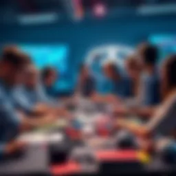 A group of game developers brainstorming over a table filled with game design materials, reflecting creativity and innovation in the gaming industry.
