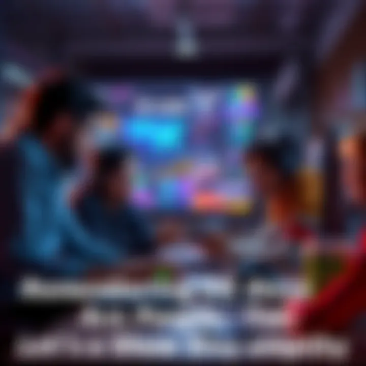 A group of video game developers collaborating in an office setting, discussing updates while reviewing feedback from players.