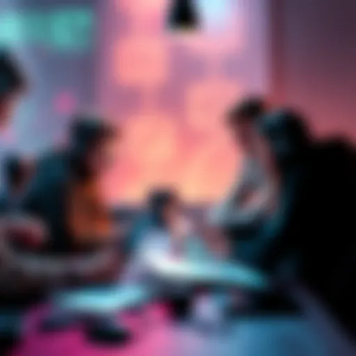 A group of passionate game developers brainstorming around a table with sketches and laptops.