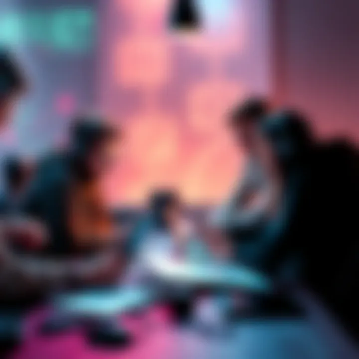 A group of passionate game developers brainstorming around a table with sketches and laptops.