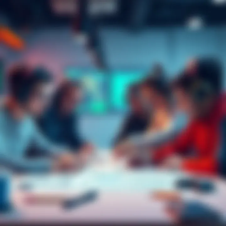 Game developers showcasing creativity A group of game developers working together on a new project, surrounded by sketches and game designs, highlighting their passion and dedication.