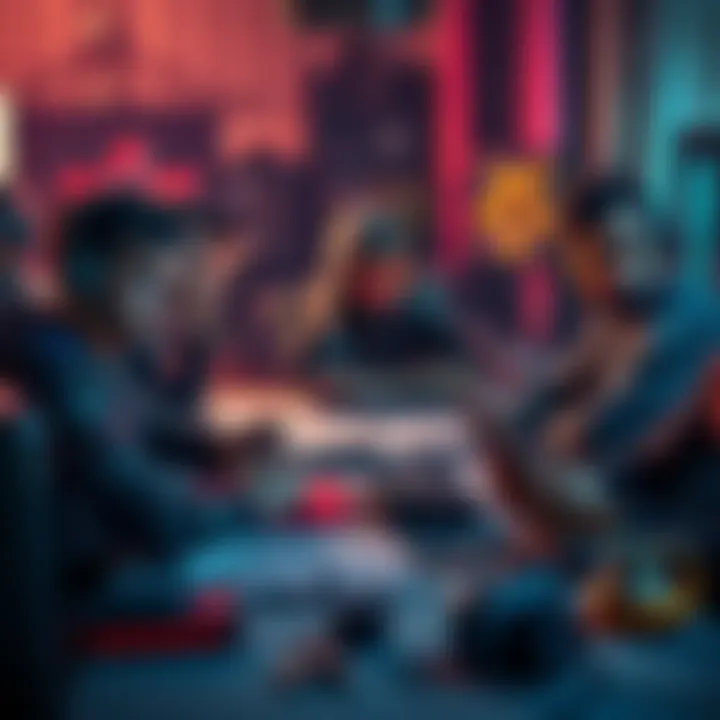 A group of game developers looking dejected while sitting around a table filled with game design materials, portraying the emotional struggle after a project failure.