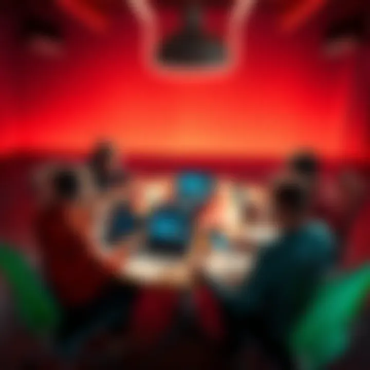 A group of game developers sharing ideas at a round table with laptops and sketches around them