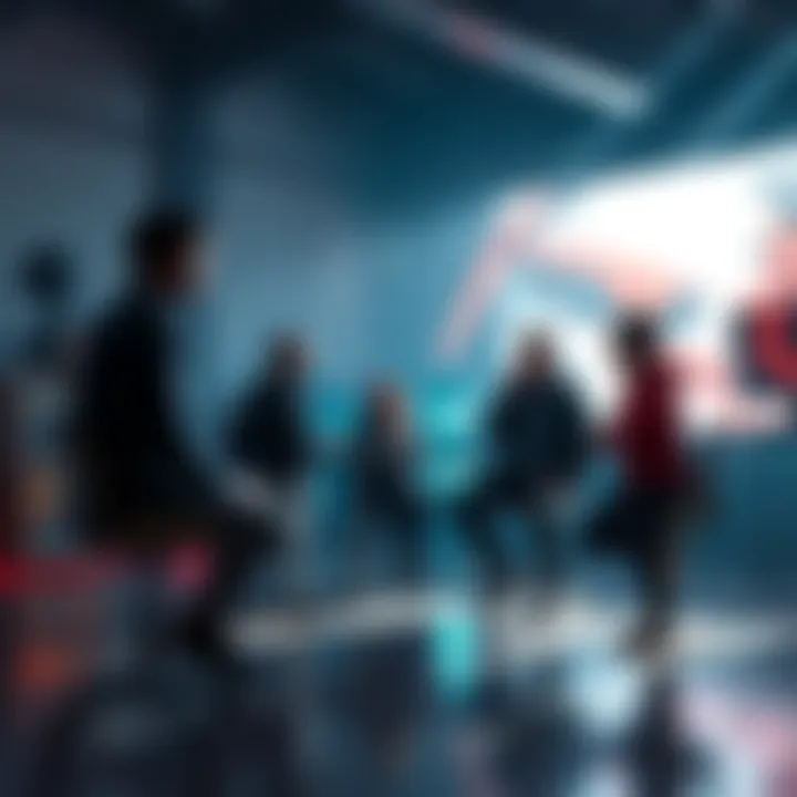 A group of game developers discussing the balance between rasterized graphics and ray-tracing technology in a studio setting