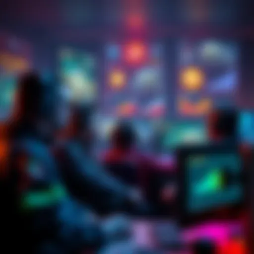 A group of game developers discussing new level cap rules in a video game setting, surrounded by graphics and charts illustrating gameplay changes.