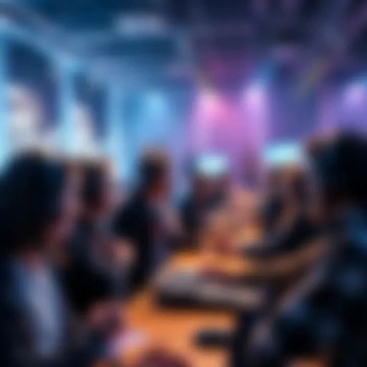 A group of game developers discussing strategies for PC gaming projects at a conference.